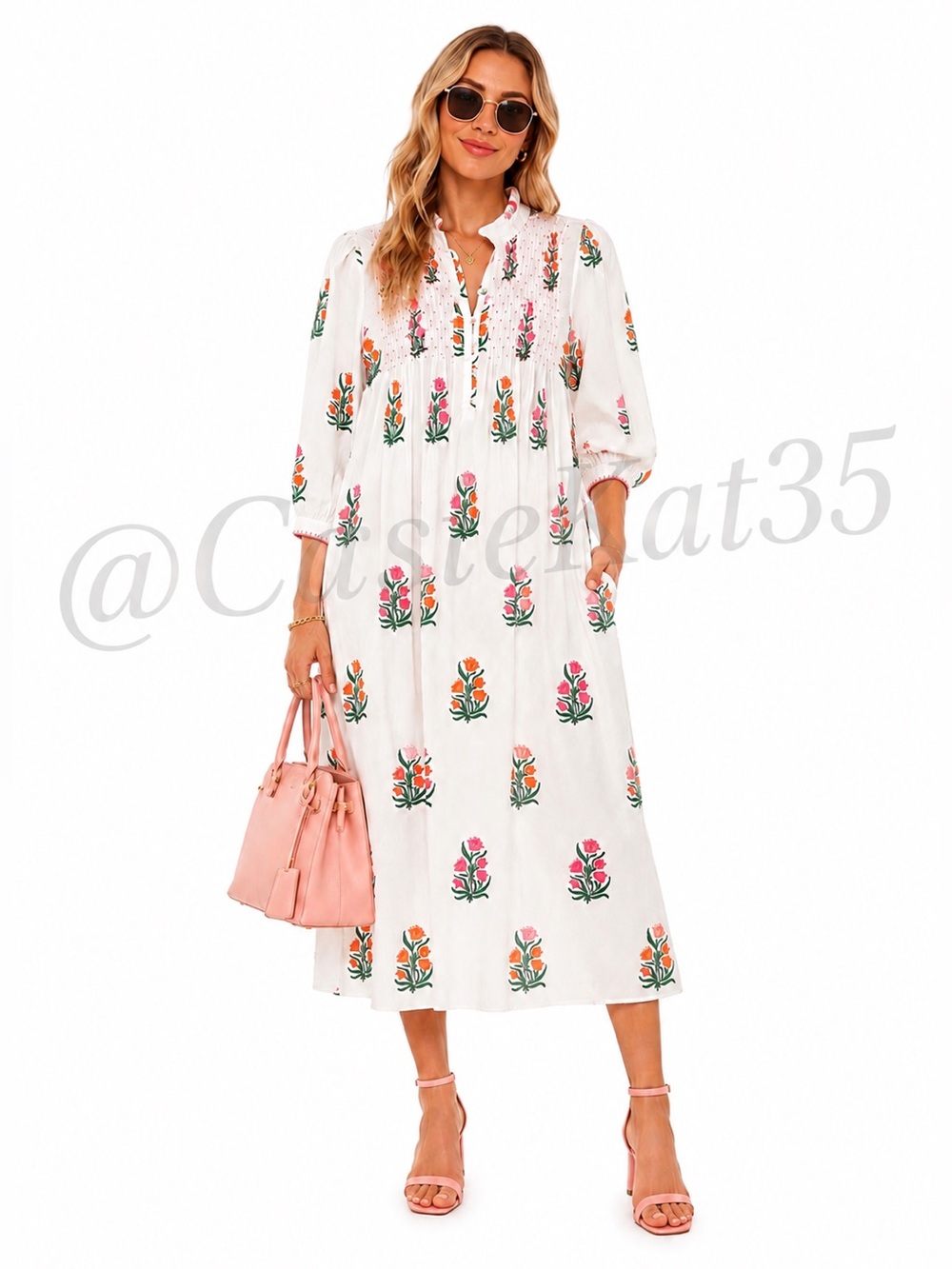 Pink City Prints Cotton Block Print Smocked Midi Dress White Floral Size Small